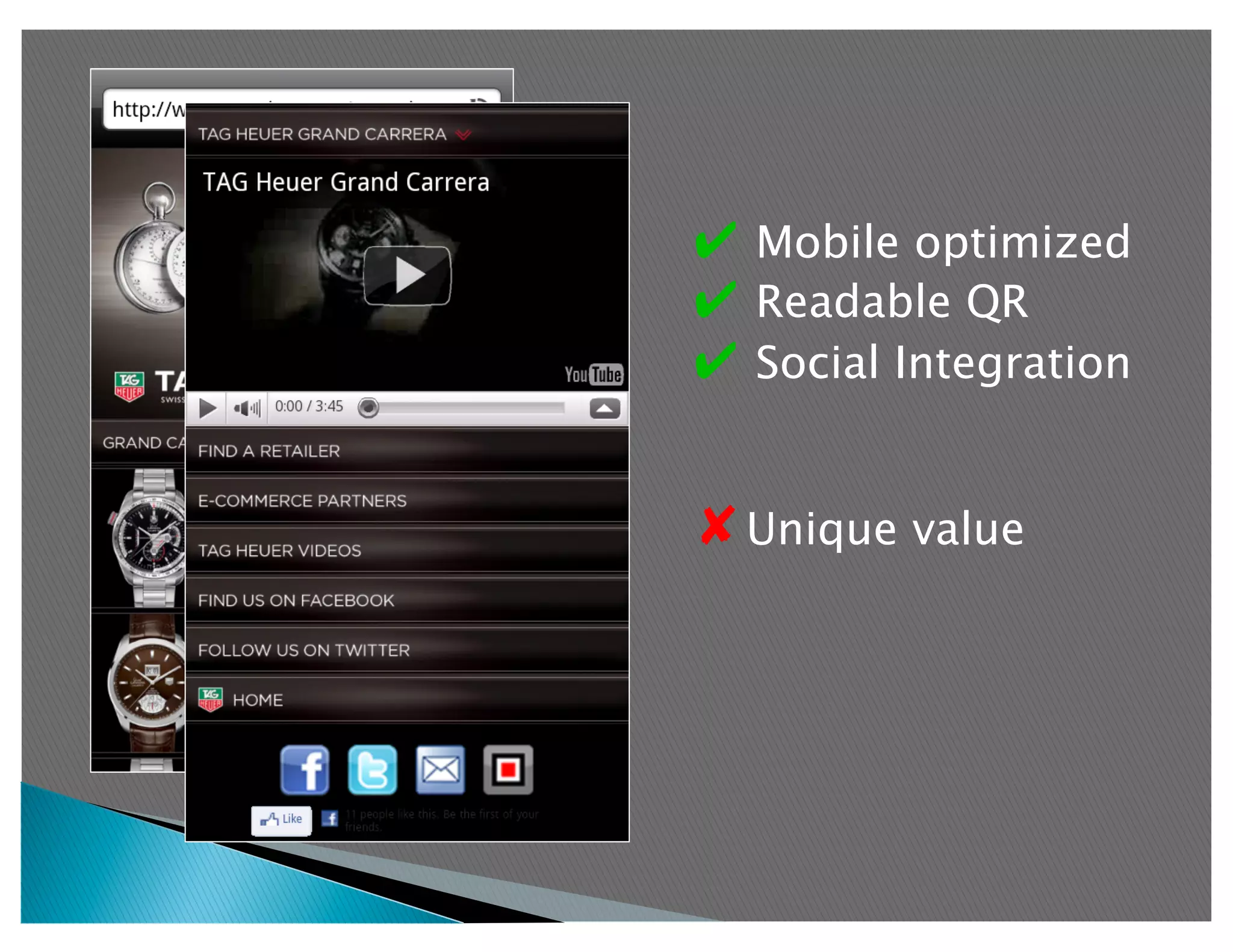 ✔  Mobile optimized
✔  Readable QR
✔  Social Integration


✘ Unique value
 