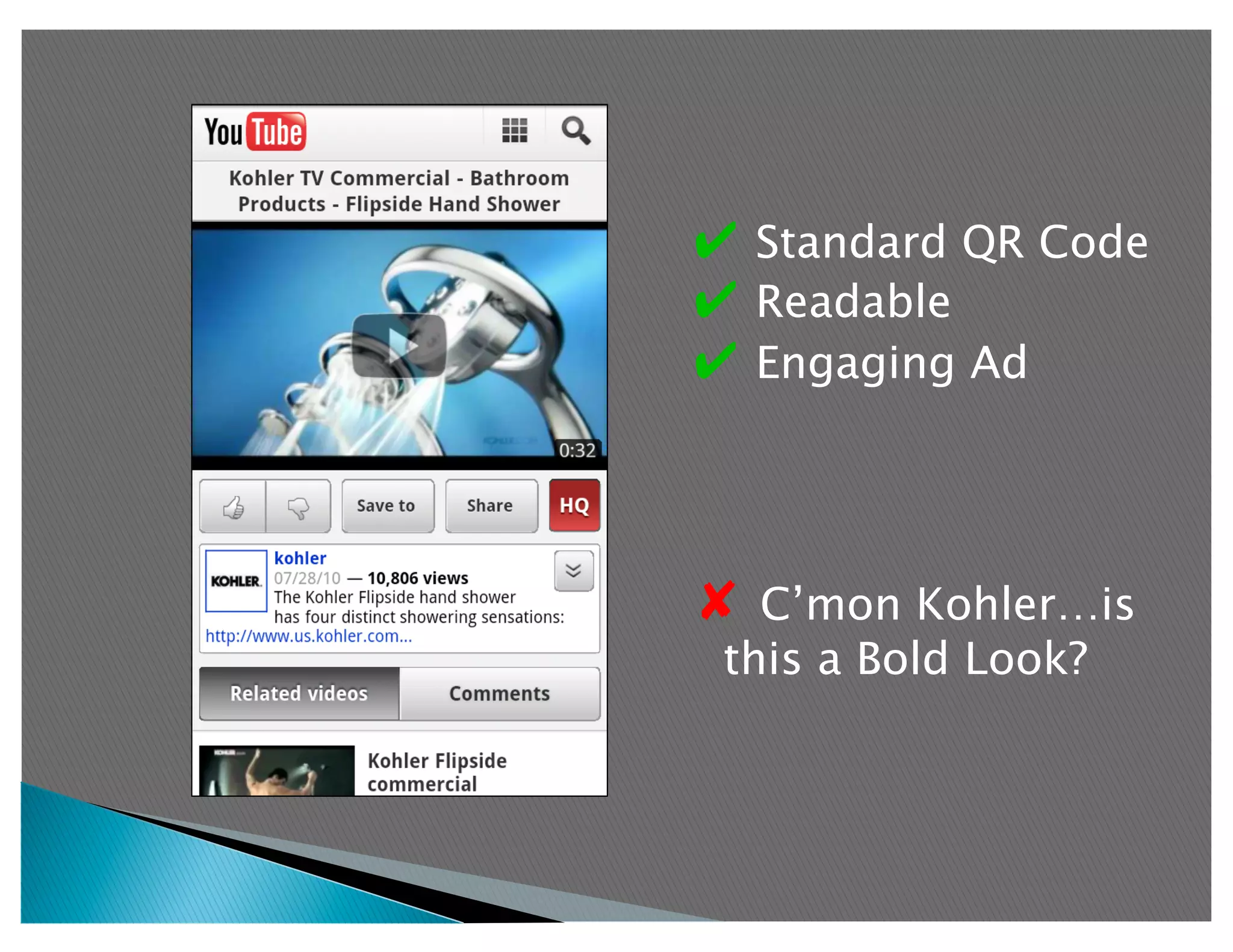✔  Standard QR Code
✔  Readable
✔  Engaging Ad



✘  C’mon Kohler…is
 this a Bold Look?
 