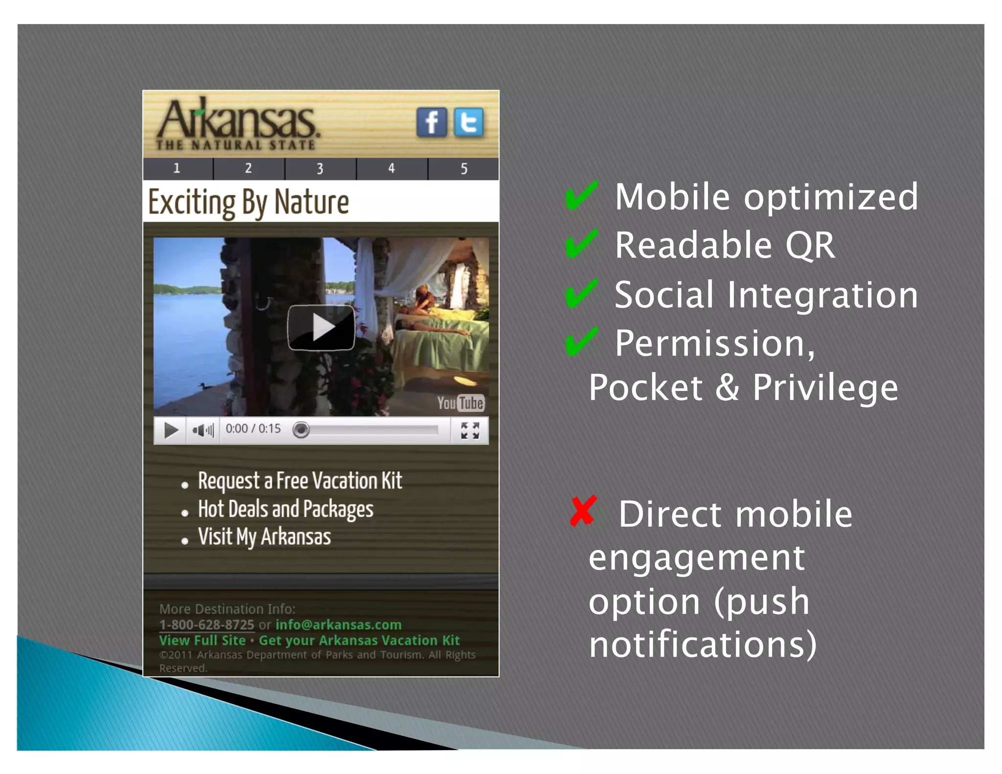 ✔  Mobile optimized
✔  Readable QR
✔  Social Integration
✔  Permission,
 Pocket & Privilege


✘  Direct mobile
 engagement
 option (push
 notifications)
 