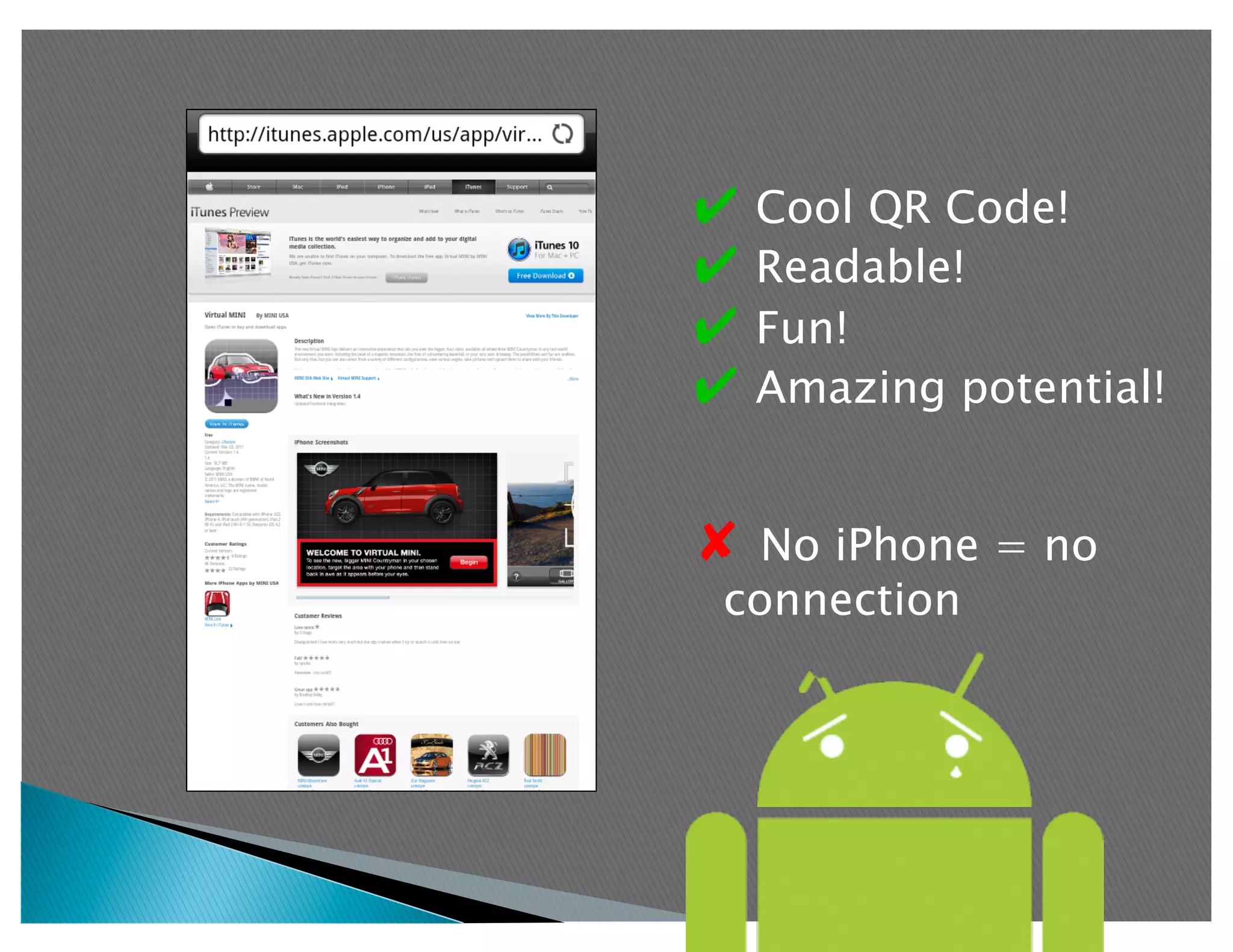 ✔  Cool QR Code!
✔  Readable!
✔  Fun!
✔  Amazing potential!


✘  No iPhone = no
 connection
 