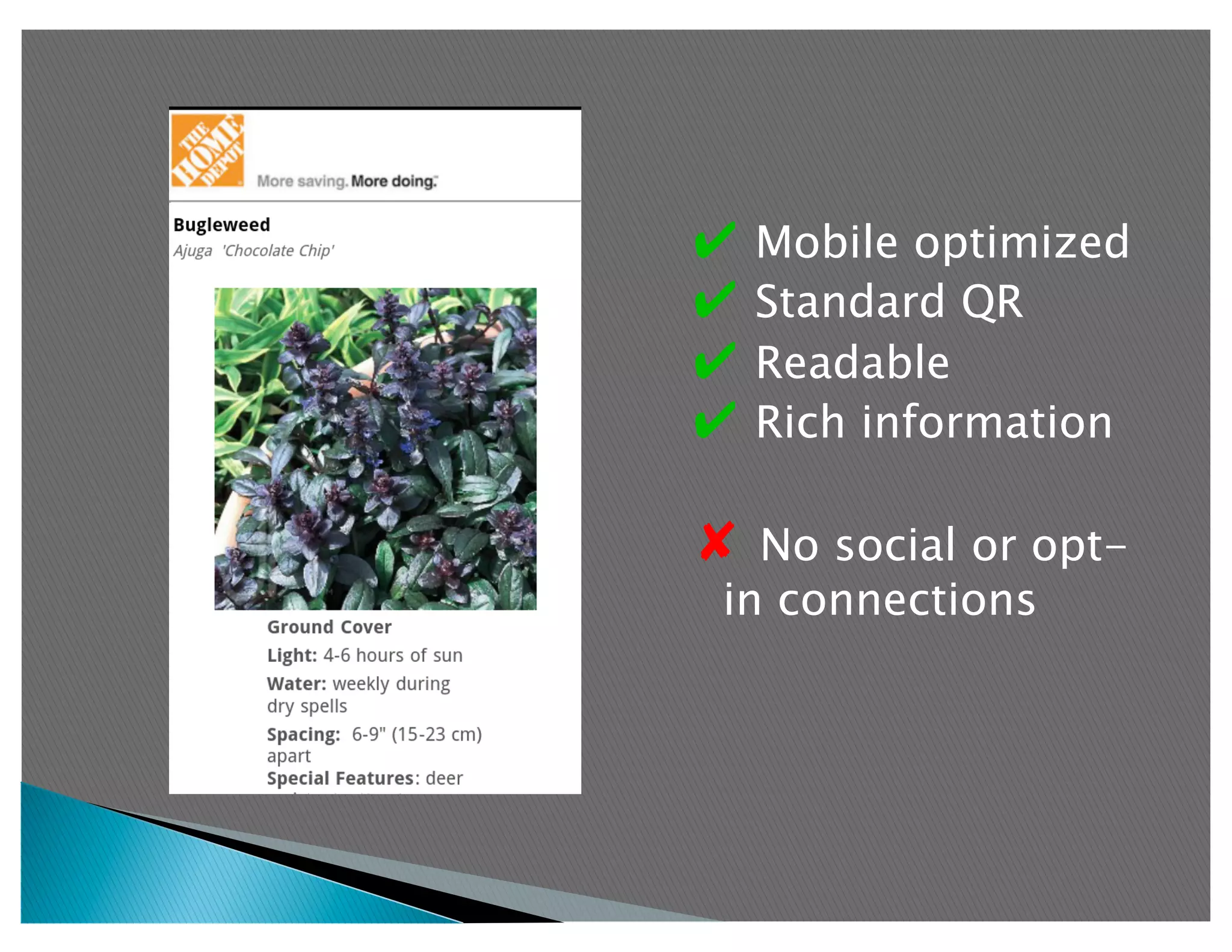 ✔  Mobile optimized
✔  Standard QR
✔  Readable
✔  Rich information

✘  No social or opt-
 in connections
 