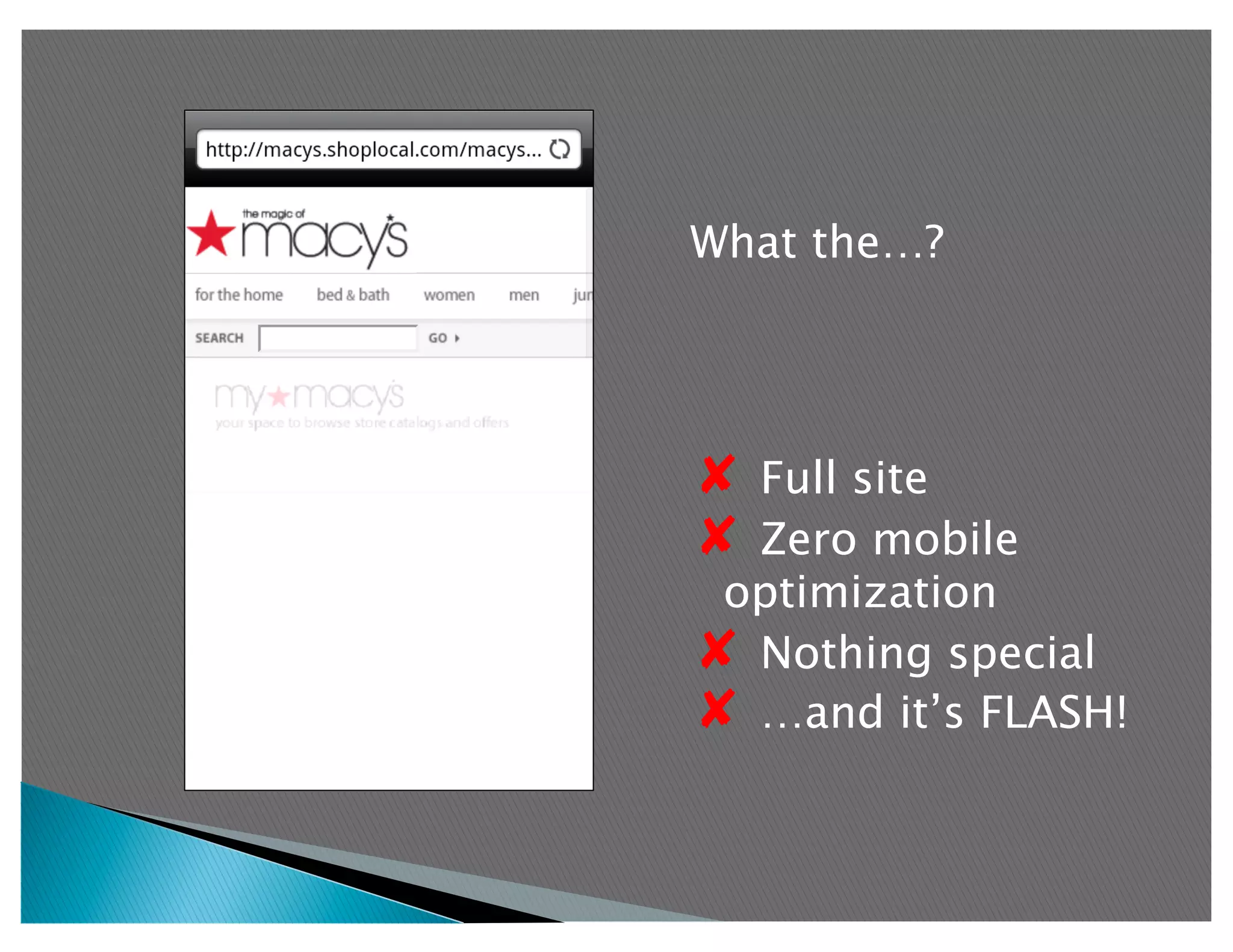 What the…?




✘  Full site
✘  Zero mobile
 optimization
✘  Nothing special
✘  …and it’s FLASH!
 