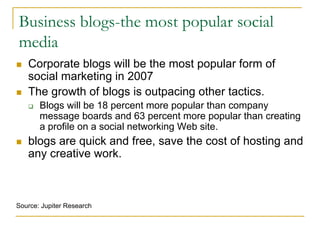 Business blogs-the most popular social
media
   Corporate blogs will be the most popular form of
   social marketing in 20...