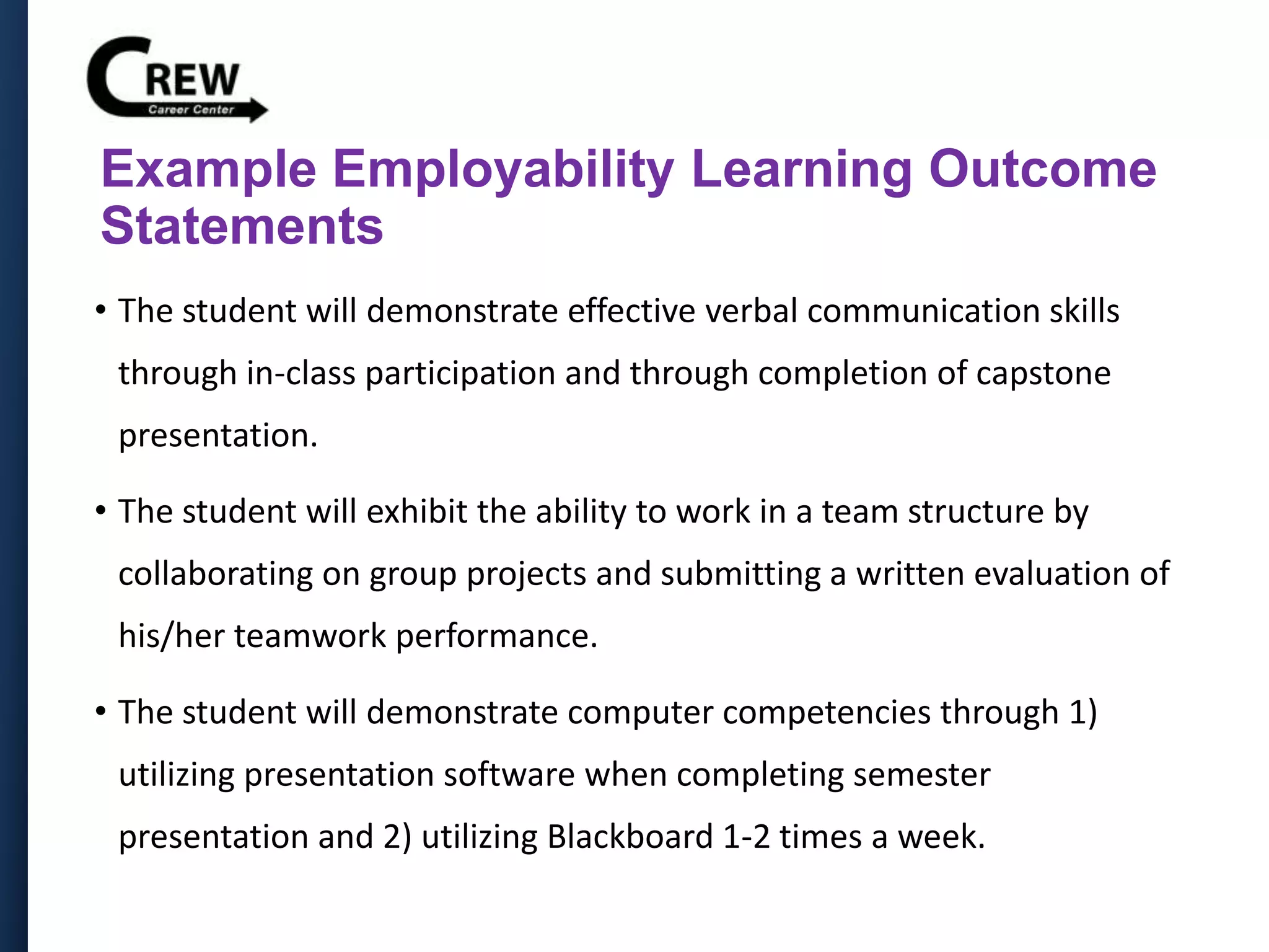 Example Employability Learning Outcome
Statements
• The student will demonstrate effective verbal communication skills
through in-class participation and through completion of capstone
presentation.
• The student will exhibit the ability to work in a team structure by
collaborating on group projects and submitting a written evaluation of
his/her teamwork performance.
• The student will demonstrate computer competencies through 1)
utilizing presentation software when completing semester
presentation and 2) utilizing Blackboard 1-2 times a week.
 