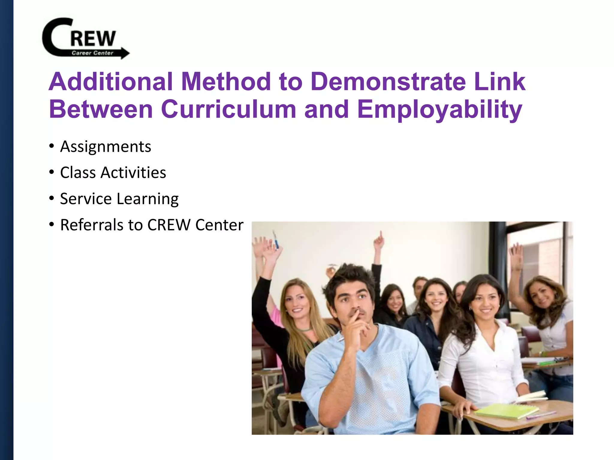 Additional Method to Demonstrate Link
Between Curriculum and Employability
• Assignments
• Class Activities
• Service Learning
• Referrals to CREW Center
 