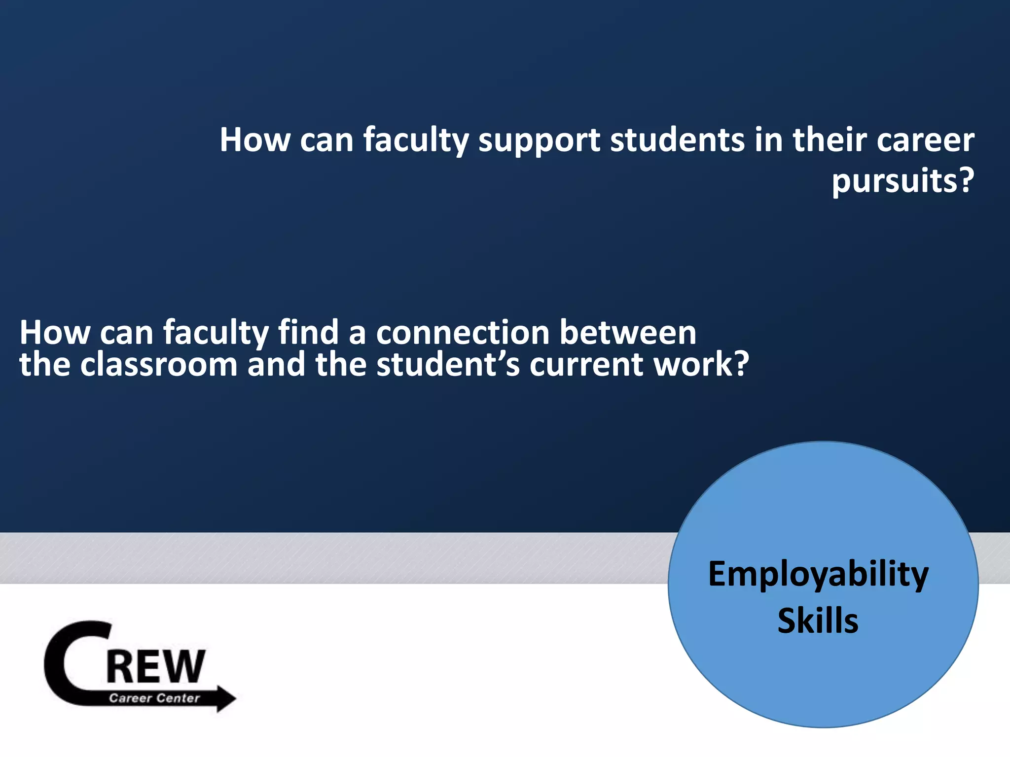 How can faculty support students in their career
pursuits?
How can faculty find a connection between
the classroom and the student’s current work?
Employability
Skills
 