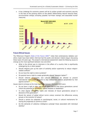 Accelerated Learning for a Globally Sustainable Lifestyle -- Connecting the Dots
• A key challenge for economic powers will be to sustain growth and economic security
in the face of the growing claims on the globe’s deteriorating natural resource base,
environmental change (including possible non-linear change) and associated human
insecurity.
World GDP 2002-2025
in USD billions
0
10,000
20,000
30,000
40,000
50,000
60,000
70,000
Em
erging
M
ature
C
hina
U
SA
Europe
India
Japan
R
ussia
Brazil
2025 2002
Future Ethical Issues
The Millennium Project’s State of the Future 200512
notes that contemporary debates over
ethics might have been better informed had the public and decision makers begun discussing
these topics 30 years ago. The project’s international assessment rated the following issues to
emerge as the most significant between now and 2010:
• What is the ethical way to intervene in the affairs of a country that is significantly
endangering its or other people?
• Should religions give up the claim of certainty and/or superiority to reduce religion-
related conflicts?
• Do we have the right to clone ourselves?
• Do parents have a right to create genetically altered “designer babies”?
• Should national sovereignty and cultural differences be allowed to prevent
international intervention designed to stop widespread violence perpetrated by men
against women?
Issues rated to emerge as the most significant between 2010 and 2025 were:
• Do we have a right to alter our genetic germ line so that future generations cannot
inherit the potential for genetically related diseases or disabilities?
• To what degree should the rights and interests of future generations prevail in
decisions of this generation?
• Would the advent of global ethical norms unduly constrain the differences among
groups or the evolution of values?
• Should a person be subjected to psychological, social, or cultural mechanisms for
having the propensity to commit a crime?
• Do the demands of collective intelligence outweigh those associated with individual
identity?
Page 7
 
