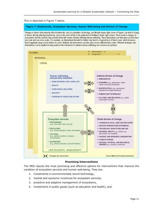 Accelerated Learning for a Globally Sustainable Lifestyle -- Connecting the Dots
This is depicted in Figure 7 below.
Figure 7: Biodiversity, Ecosystem Services, Human Well-being and Drivers of Change
Promising Interventions
The MEA reports the most promising and effective options for interventions that improve the
condition of ecosystem services and human well-being. They are:
1. investments in environmentally sound technology,
2. market and economic incentives for ecosystem services,
3. proactive and adaptive management of ecosystems,
4. investments in public goods (such as education and health), and
Page 11
 
