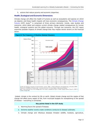 Accelerated Learning for a Globally Sustainable Lifestyle -- Connecting the Dots
5. actions that reduce poverty and economic disparities.
Health, Ecological and Economic Dimensions
Climate change will affect the health of humans as well as ecosystems and species on which
we depend, and these health impacts will have economic consequences. The Climate Change
Futures (CCF) study18
is comprised of three primary elements: trends, case studies and
scenarios, which detail and analyze current climate change related consequences for human
health, ecological systems and the global economy. Through two scenarios, the CCF report
examines possible impacts of climate change that may impose severe strains on the financial
sector.
Figure 8: The Frequency of Weather-Related Disasters
Indeed, climate is the context for life on earth. Global climate change and the ripples of that
change will affect every aspect of life, from municipal budgets for snowplowing to the spread
of disease – everything is connected.
Key points listed in the CCF study
1. Warming favors the spread of disease.
2. Extreme weather events create conditions conducive to disease outbreaks.
3. Climate change and infectious diseases threaten wildlife, livestock, agriculture,
Page 12
 