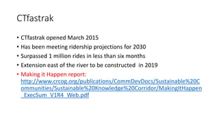 CTfastrak
• CTfastrak opened March 2015
• Has been meeting ridership projections for 2030
• Surpassed 1 million rides in less than six months
• Extension east of the river to be constructed in 2019
• Making it Happen report:
http://www.crcog.org/publications/CommDevDocs/Sustainable%20C
ommunities/Sustainable%20Knowledge%20Corridor/MakingItHappen
_ExecSum_V1R4_Web.pdf
 