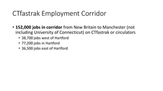 CTfastrak Employment Corridor
• 152,000 jobs in corridor from New Britain to Manchester (not
including University of Connecticut) on CTfastrak or circulators
• 38,700 jobs west of Hartford
• 77,200 jobs in Hartford
• 36,500 jobs east of Hartford
 
