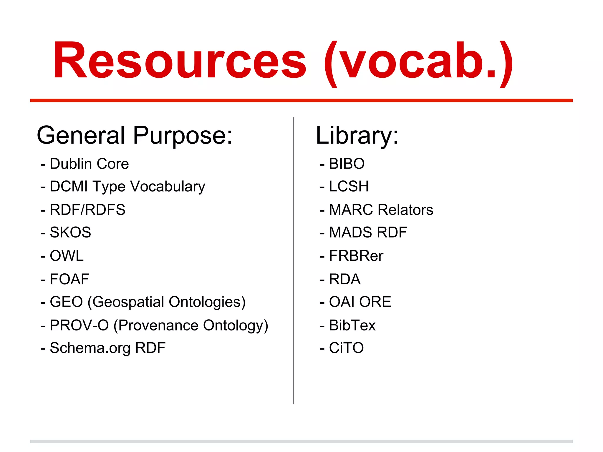 Resources (vocab.)
General Purpose: Library:
- Dublin Core - BIBO
- DCMI Type Vocabulary - LCSH
- RDF/RDFS - MARC Relators
- SKOS - MADS RDF
- OWL - FRBRer
- FOAF - RDA
- GEO (Geospatial Ontologies) - OAI ORE
- PROV-O (Provenance Ontology) - BibTex
- Schema.org RDF - CiTO
