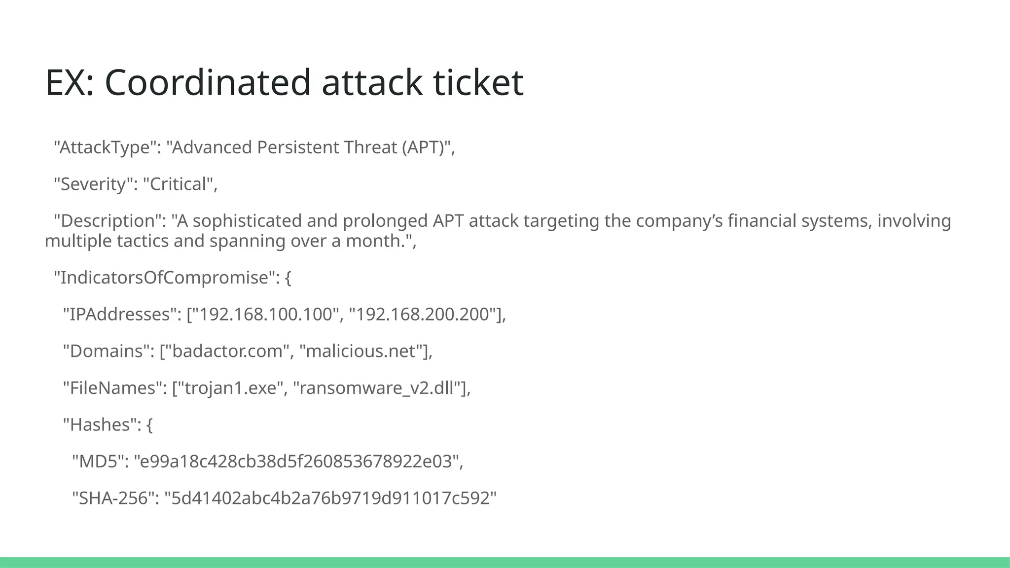 EX: Coordinated attack ticket
"AttackType": "Advanced Persistent Threat (APT)",
"Severity": "Critical",
"Description": "A sophisticated and prolonged APT attack targeting the company’s financial systems, involving
multiple tactics and spanning over a month.",
"IndicatorsOfCompromise": {
"IPAddresses": ["192.168.100.100", "192.168.200.200"],
"Domains": ["badactor.com", "malicious.net"],
"FileNames": ["trojan1.exe", "ransomware_v2.dll"],
"Hashes": {
"MD5": "e99a18c428cb38d5f260853678922e03",
"SHA-256": "5d41402abc4b2a76b9719d911017c592"
 