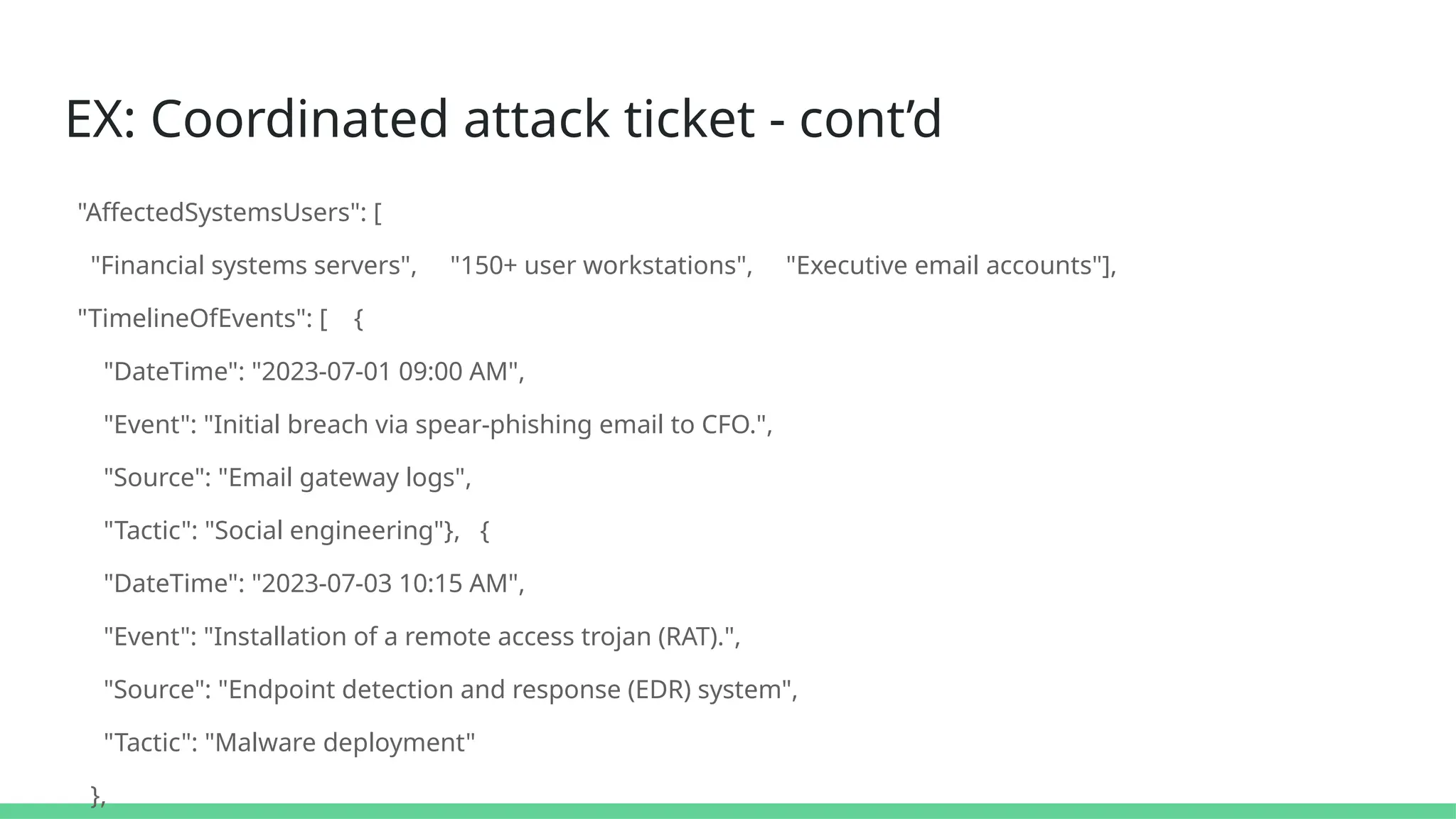 EX: Coordinated attack ticket - cont’d
"AffectedSystemsUsers": [
"Financial systems servers", "150+ user workstations", "Executive email accounts"],
"TimelineOfEvents": [ {
"DateTime": "2023-07-01 09:00 AM",
"Event": "Initial breach via spear-phishing email to CFO.",
"Source": "Email gateway logs",
"Tactic": "Social engineering"}, {
"DateTime": "2023-07-03 10:15 AM",
"Event": "Installation of a remote access trojan (RAT).",
"Source": "Endpoint detection and response (EDR) system",
"Tactic": "Malware deployment"
},
 