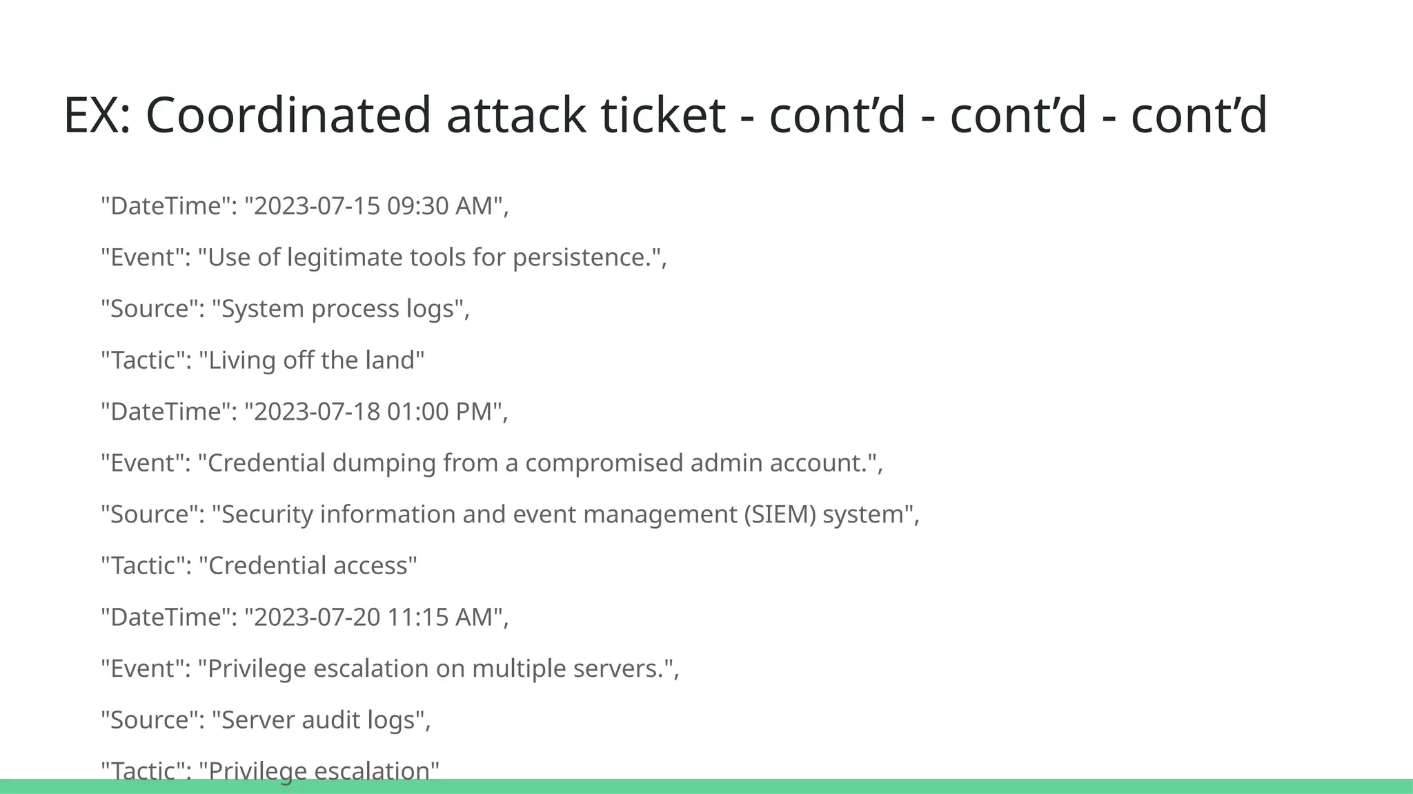 EX: Coordinated attack ticket - cont’d - cont’d - cont’d
"DateTime": "2023-07-15 09:30 AM",
"Event": "Use of legitimate tools for persistence.",
"Source": "System process logs",
"Tactic": "Living off the land"
"DateTime": "2023-07-18 01:00 PM",
"Event": "Credential dumping from a compromised admin account.",
"Source": "Security information and event management (SIEM) system",
"Tactic": "Credential access"
"DateTime": "2023-07-20 11:15 AM",
"Event": "Privilege escalation on multiple servers.",
"Source": "Server audit logs",
"Tactic": "Privilege escalation"
 