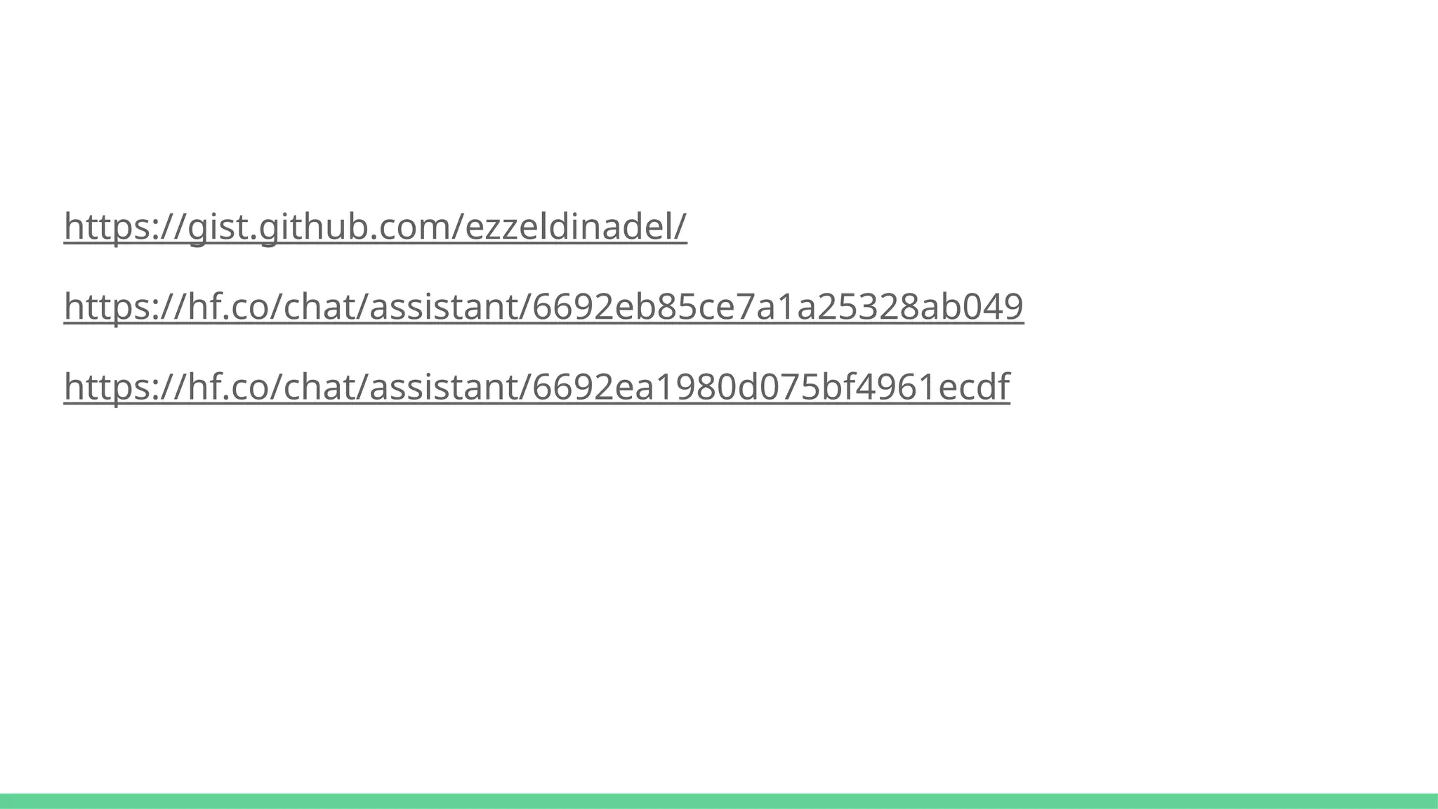 https://gist.github.com/ezzeldinadel/
https://hf.co/chat/assistant/6692eb85ce7a1a25328ab049
https://hf.co/chat/assistant/6692ea1980d075bf4961ecdf
 