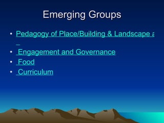 Emerging Groups Pedagogy of Place/Building & Landscape as Teacher     Engagement and Governance Food Curriculum 