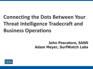 1
Connecting the Dots Between Your
Threat Intelligence Tradecraft and
Business Operations
John Pescatore, SANS
Adam Meyer, SurfWatch Labs
 