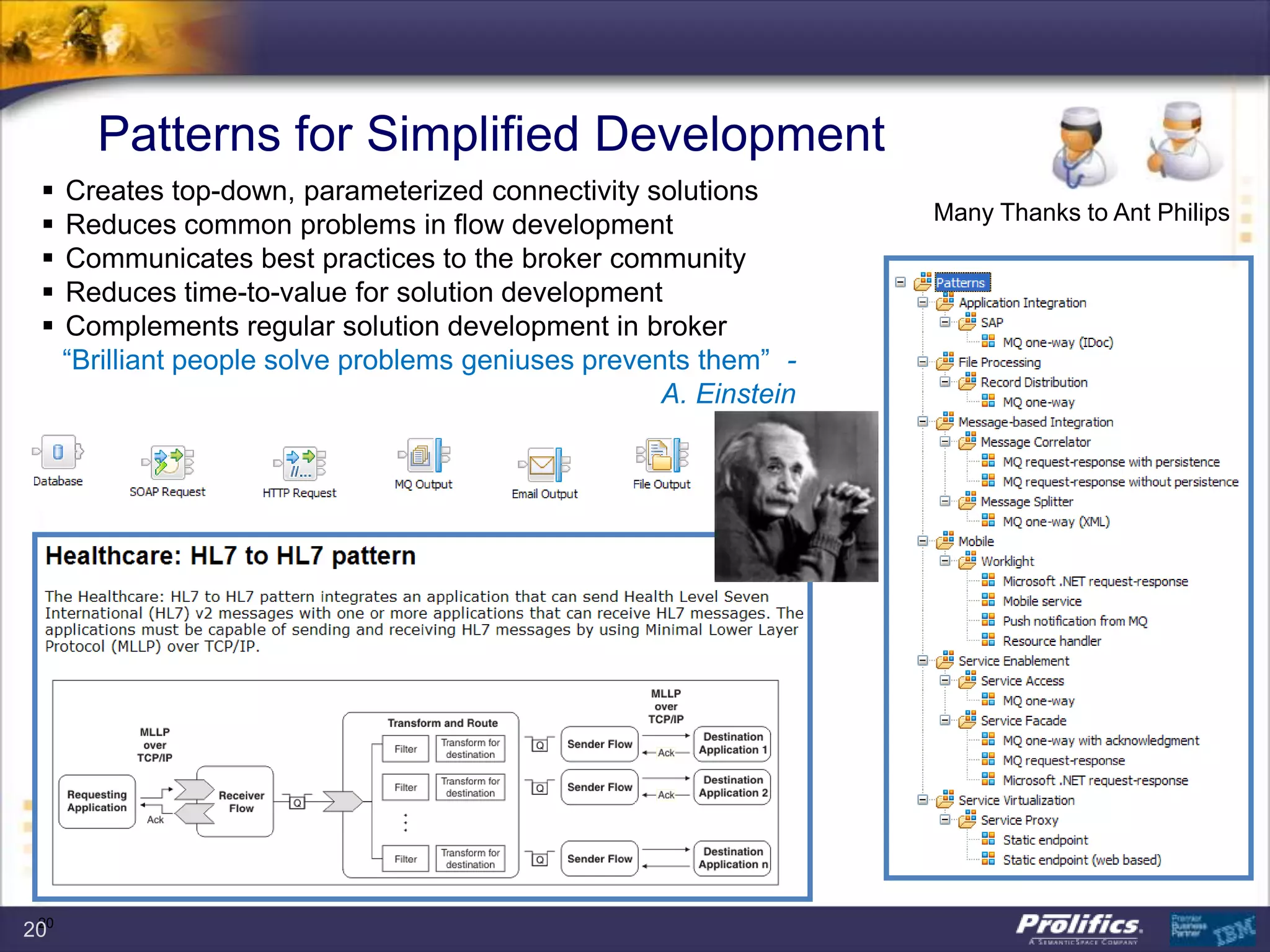20
Patterns for Simplified Development
 Creates top-down, parameterized connectivity solutions
 Reduces common problems in flow development
 Communicates best practices to the broker community
 Reduces time-to-value for solution development
 Complements regular solution development in broker
“Brilliant people solve problems geniuses prevents them” -
A. Einstein
Many Thanks to Ant Philips
20
 