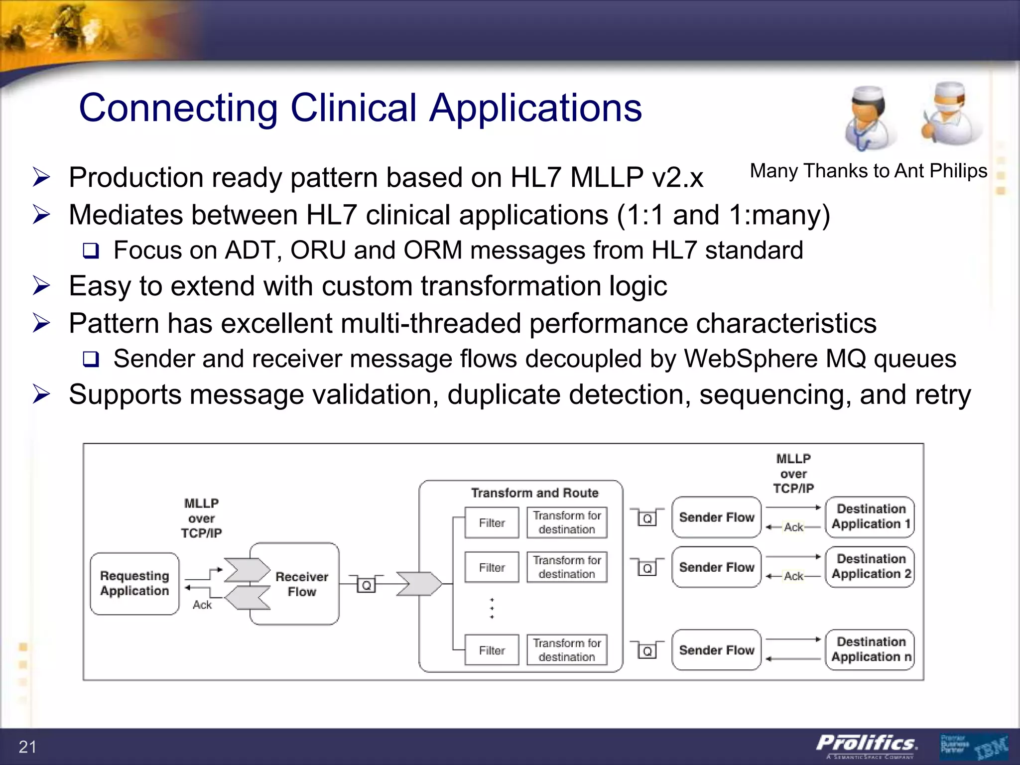 Connecting Clinical Applications
 Production ready pattern based on HL7 MLLP v2.x
 Mediates between HL7 clinical applications (1:1 and 1:many)
 Focus on ADT, ORU and ORM messages from HL7 standard
 Easy to extend with custom transformation logic
 Pattern has excellent multi-threaded performance characteristics
 Sender and receiver message flows decoupled by WebSphere MQ queues
 Supports message validation, duplicate detection, sequencing, and retry
Many Thanks to Ant Philips
21
 