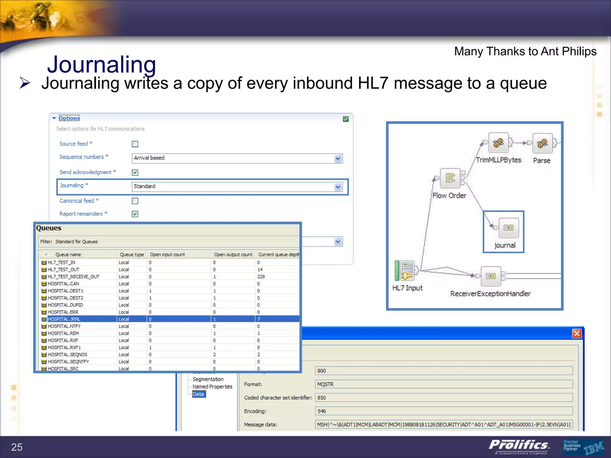 Journaling
 Journaling writes a copy of every inbound HL7 message to a queue
Many Thanks to Ant Philips
25
 