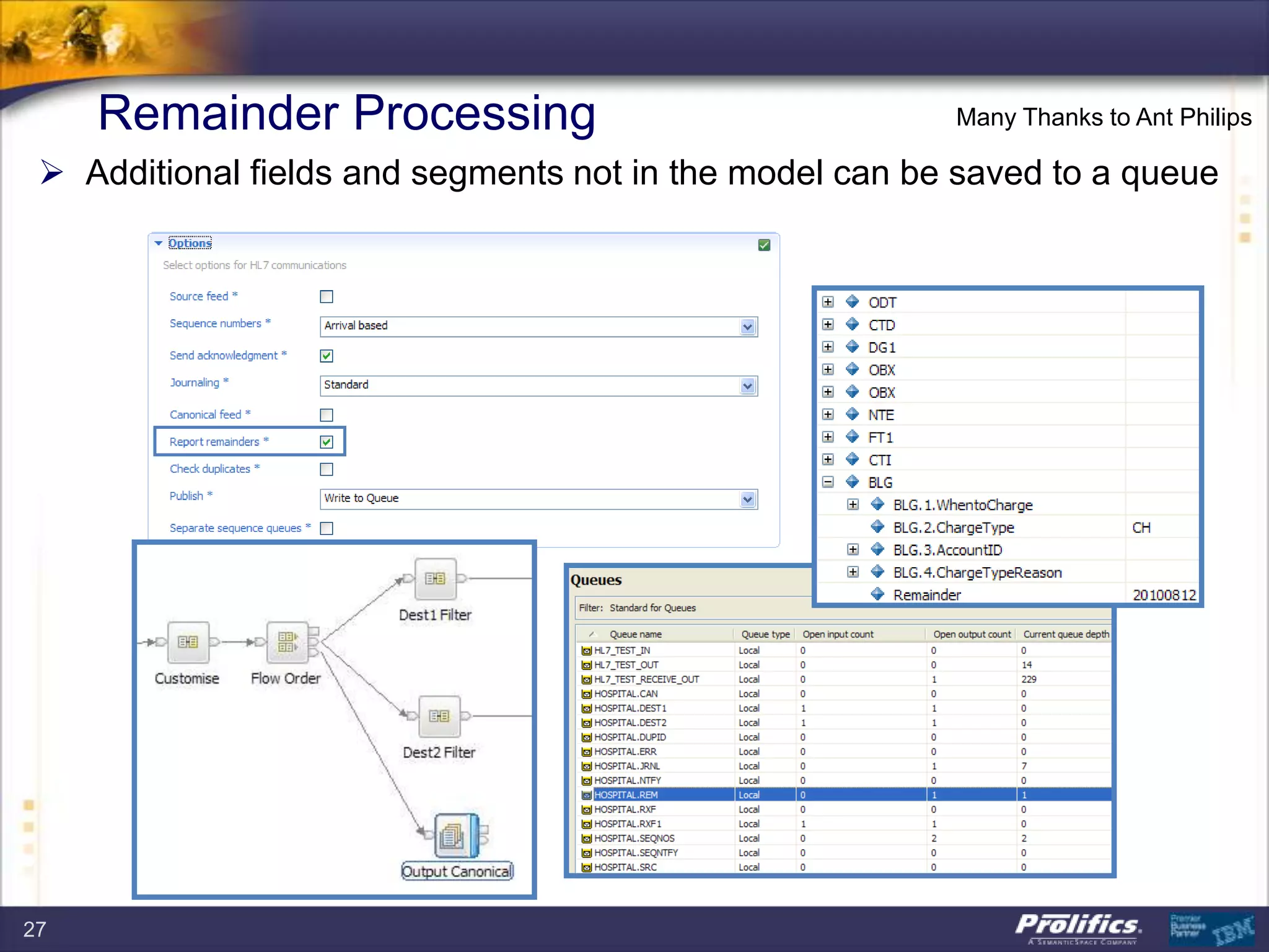 Remainder Processing
 Additional fields and segments not in the model can be saved to a queue
Many Thanks to Ant Philips
27
 