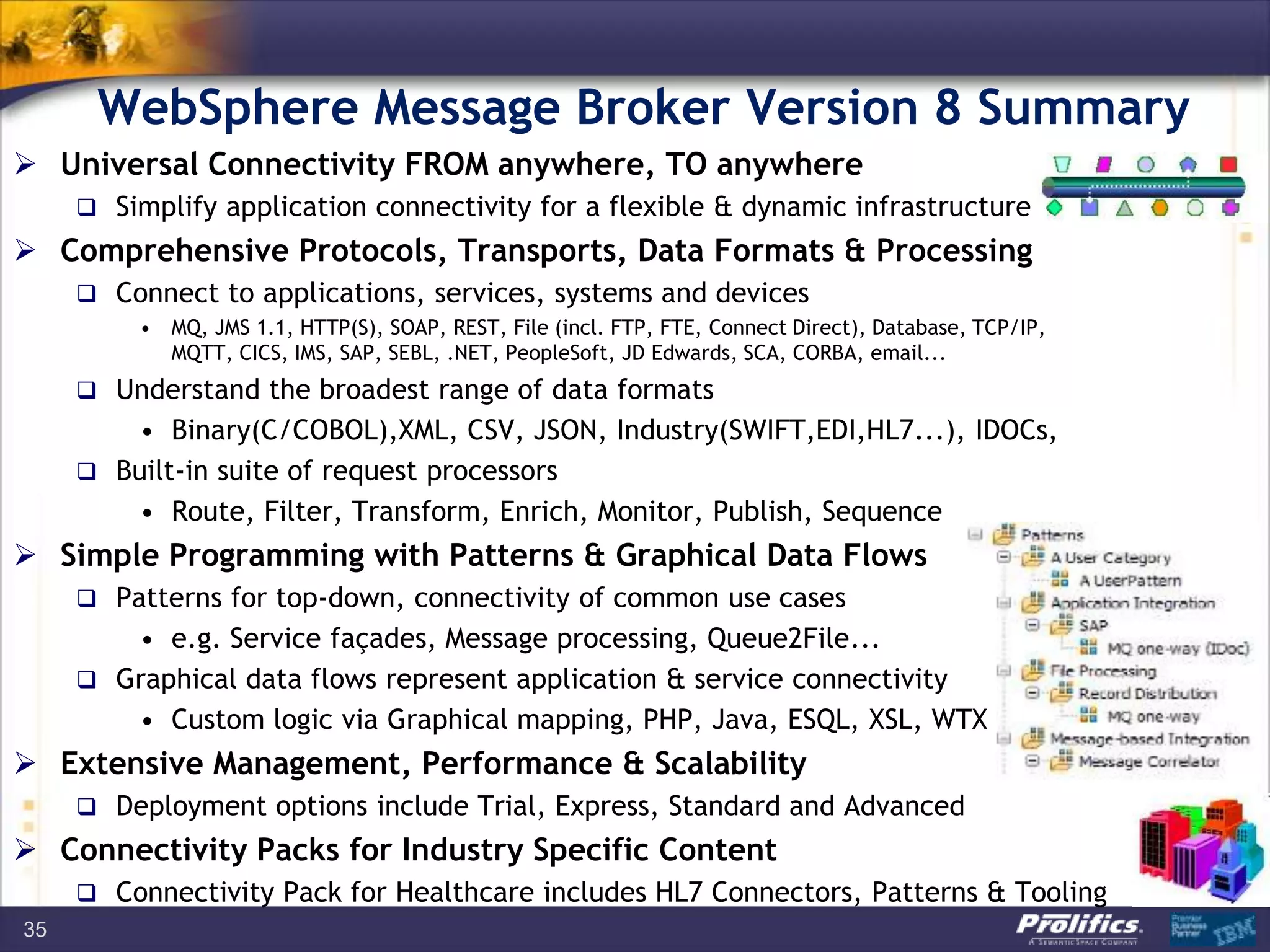 WebSphere Message Broker Version 8 Summary
 Universal Connectivity FROM anywhere, TO anywhere
 Simplify application connectivity for a flexible & dynamic infrastructure
 Comprehensive Protocols, Transports, Data Formats & Processing
 Connect to applications, services, systems and devices
• MQ, JMS 1.1, HTTP(S), SOAP, REST, File (incl. FTP, FTE, Connect Direct), Database, TCP/IP,
MQTT, CICS, IMS, SAP, SEBL, .NET, PeopleSoft, JD Edwards, SCA, CORBA, email...
 Understand the broadest range of data formats
• Binary(C/COBOL),XML, CSV, JSON, Industry(SWIFT,EDI,HL7...), IDOCs,
 Built-in suite of request processors
• Route, Filter, Transform, Enrich, Monitor, Publish, Sequence
 Simple Programming with Patterns & Graphical Data Flows
 Patterns for top-down, connectivity of common use cases
• e.g. Service façades, Message processing, Queue2File...
 Graphical data flows represent application & service connectivity
• Custom logic via Graphical mapping, PHP, Java, ESQL, XSL, WTX
 Extensive Management, Performance & Scalability
 Deployment options include Trial, Express, Standard and Advanced
 Connectivity Packs for Industry Specific Content
 Connectivity Pack for Healthcare includes HL7 Connectors, Patterns & Tooling
35
 