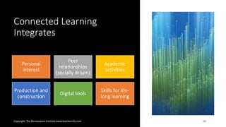 Connected Learning
Integrates
Copyright: The Renaissance Institute www.teacherinfo.com 10
Personal
interest
Peer
relationships
(socially driven)
Academic
activities
Production and
construction
Digital tools
Skills for life-
long learning
 