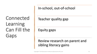 Connected
Learning
Can Fill the
Gaps
Copyright: The Renaissance Institute www.teacherinfo.com 14
In-school, out-of-school
Teacher quality gap
Equity gaps
Review research on parent and
sibling literacy gains
 