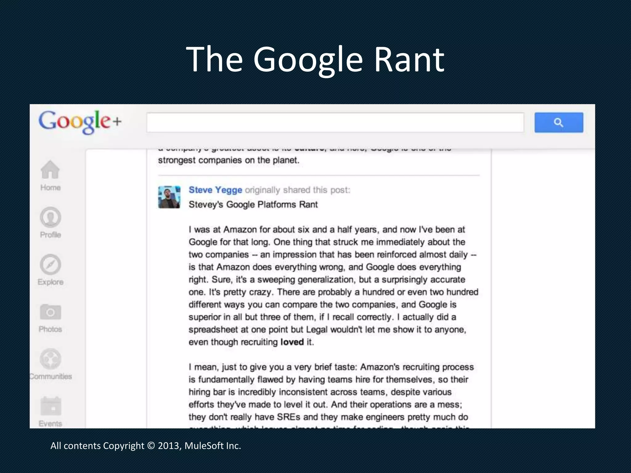Open APIs are the tip of the iceberg
13,000
1,000,000s
services in the
enterprise
All contents Copyright © 2013, MuleSoft Inc.
 