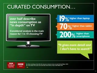 CURATED CONSUMPTION…

over half describe                                                                             higher than laptop
news consumption as
“in depth” on TV                                                                                 higher than tablet

Considered analysis is the main
reason for 1 in 10 choosing TV                                                                       higher than
                                                                                                     smartphone


                                                                         “It gives more detail and
                                                                           I don’t have to search”



               Q: How would you describe the way you consume news on each device? Base: 3522
               Q: You chose TV as you one and only news device, why is this? Base: 437




                                                                                                                      13
 