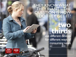 THEY KNOW WHAT
                                THEY WANT – THE
                                QUESTION IS HOW
                                 DO THEY GET IT?

                                                                       two
                                                                 thirds
                                                            use different devices
                                                            for different ways of
                                                                consuming news
Q: Below are listed some statements which describe why people use different
devices or screens for news consumption. Please indicate to what extent you
agree with each of them. Base: 3610




                                                                                    8
 