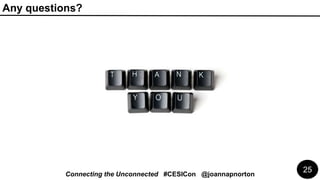 Any questions?
25
Connecting the Unconnected #CESICon @joannapnorton
 