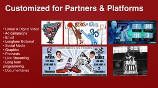 Customized for Partners & Platforms
• Linear & Digital Video
• Ad campaigns
• Email
• Longform Editorial
• Social Media
• Graphics
• Podcasts
• Live Streaming
• Long form
programming
• Documentaries
 