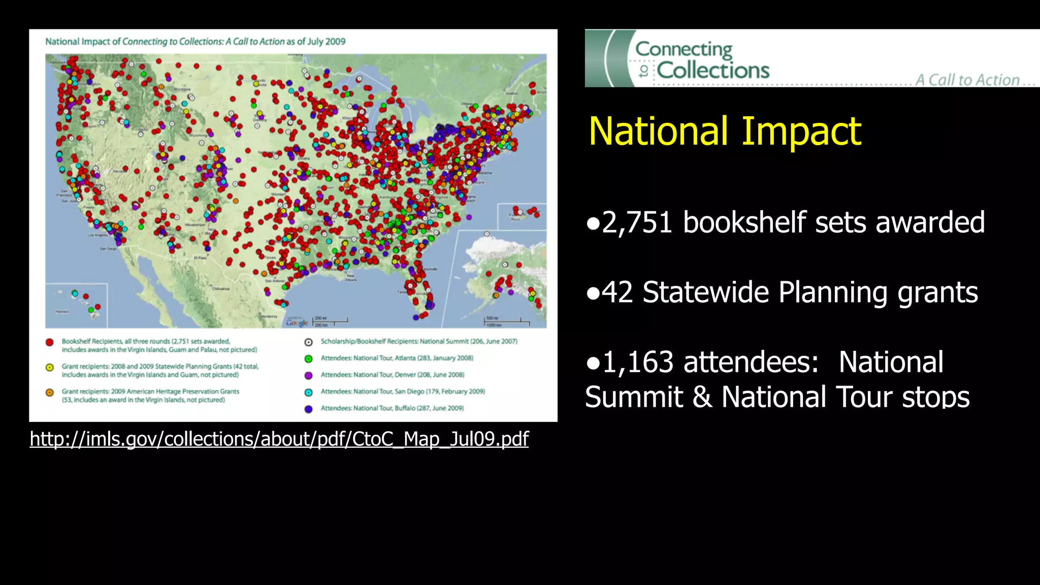 National Impact

                                                           •2,751 bookshelf sets awarded
                                                           •42 Statewide Planning grants
                                                           •1,163 attendees: National
                                                           Summit & National Tour stops
http://imls.gov/collections/about/pdf/CtoC_Map_Jul09.pdf
 