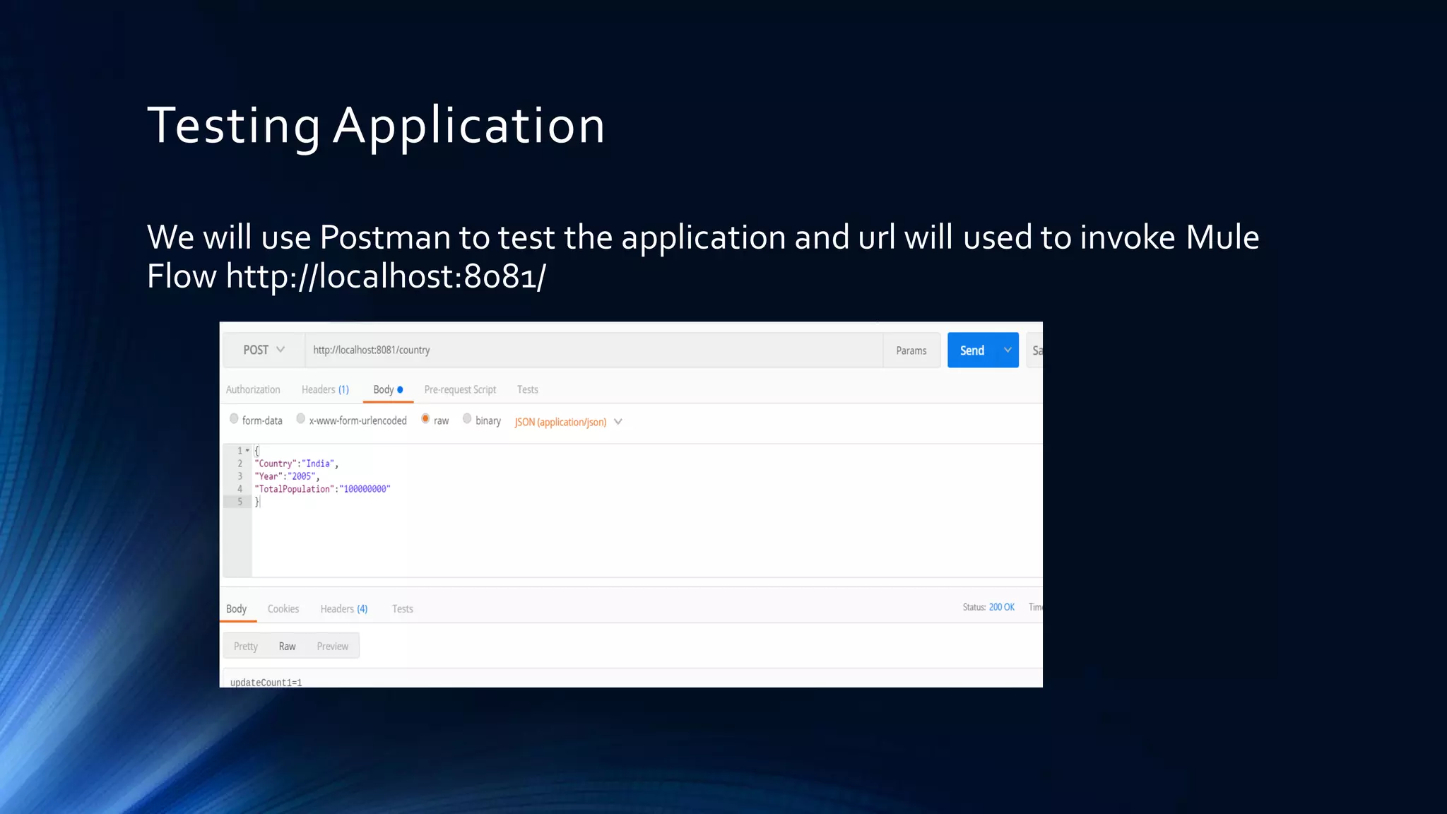 Testing Application We will use Postman to test the application and url will used to invoke Mule Flow http://localhost:8081/ 