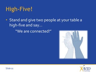 Slide 11
High-Five!
• Stand and give two people at your table a
high-five and say…
“We are connected!”
 