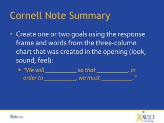 Slide 12
Cornell Note Summary
• Create one or two goals using the response
frame and words from the three-column
chart that was created in the opening (look,
sound, feel):
 “We will __________ so that __________. In
order to __________, we must __________.”
 
