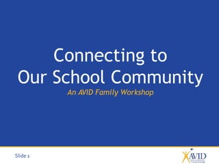 Slide 1
Connecting to
Our School Community
An AVID Family Workshop
 