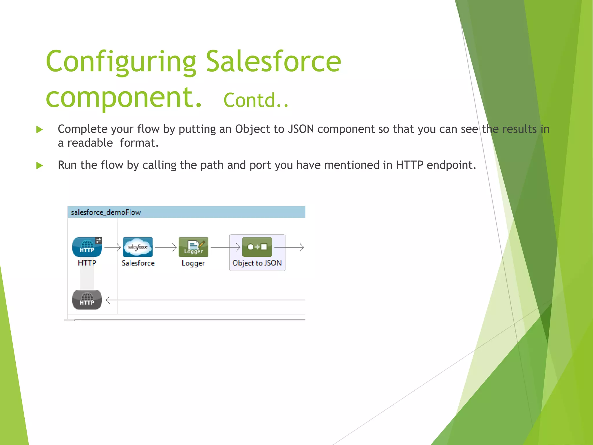 Configuring Salesforce component. Contd..  Complete your flow by putting an Object to JSON component so that you can see the results in a readable format.  Run the flow by calling the path and port you have mentioned in HTTP endpoint. 