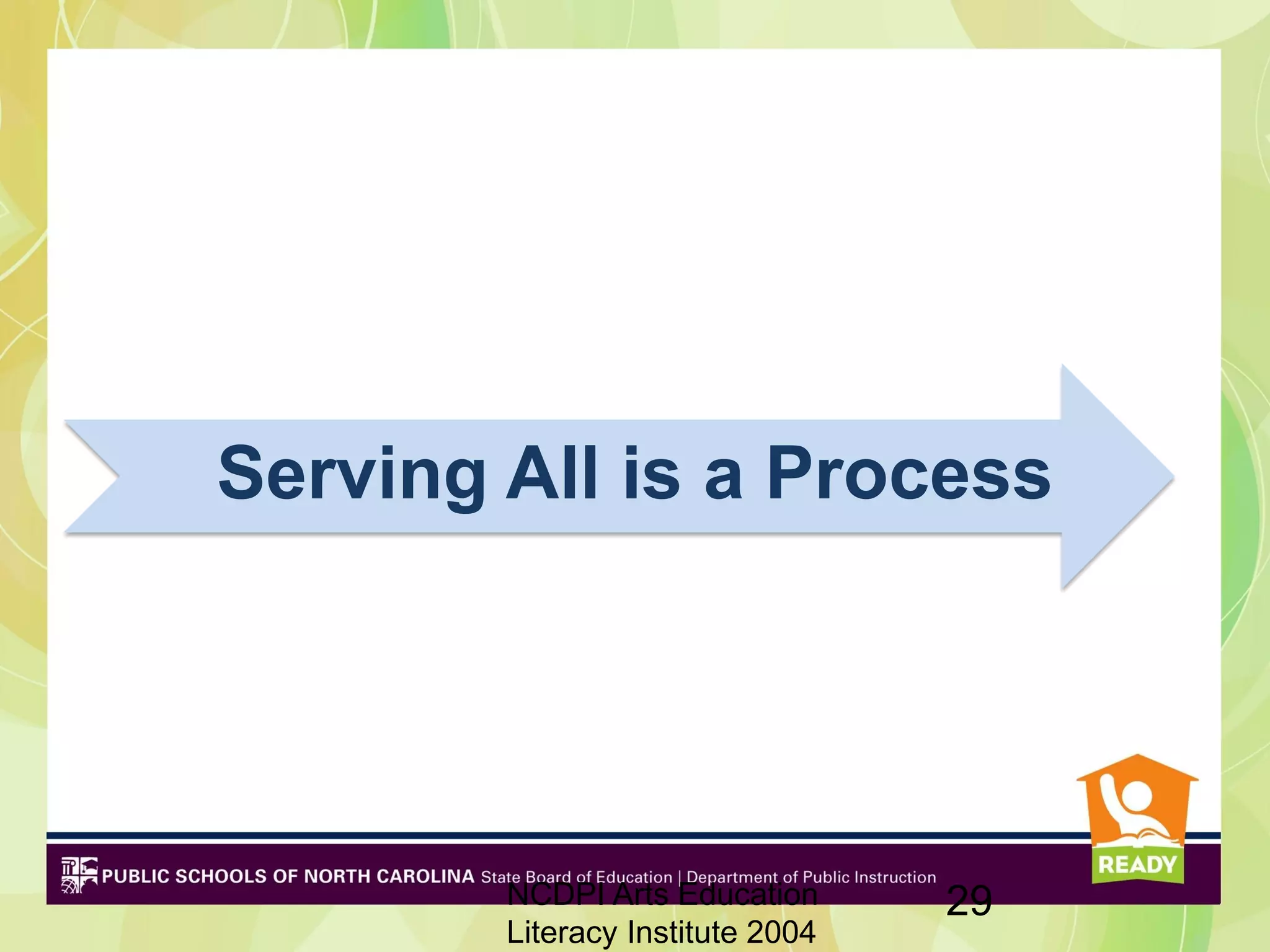 Serving All is a Process




        NCDPI Arts Education      29
        Literacy Institute 2004
 