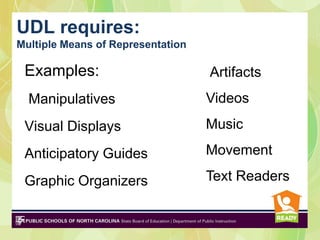 UDL requires:
Multiple Means of Representation

  Multiple Means of Representation
 Examples:               Artifacts
  Manipulatives                    Videos
 Visual Displays                   Music

 Anticipatory Guides               Movement

 Graphic Organizers                Text Readers
 