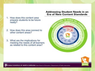 1. How does this content area
   prepare students to be future
   ready?


2. How does this area connect to
   other content areas?


3. What are the implications for
   meeting the needs of all learners
   as related to this content area?
 