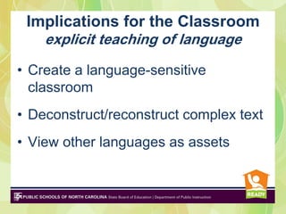 Implications for the Classroom
   explicit teaching of language

• Create a language-sensitive
  classroom
• Deconstruct/reconstruct complex text
• View other languages as assets
 