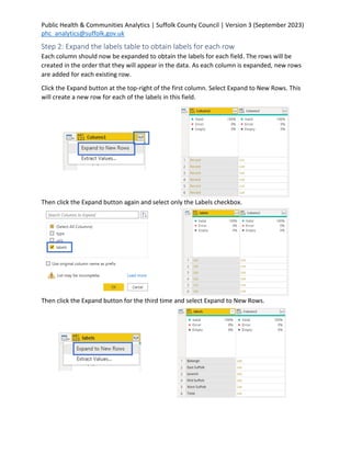 Public Health & Communities Analytics | Suffolk County Council | Version 3 (September 2023)
phc_analytics@suffolk.gov.uk
Step 2: Expand the labels table to obtain labels for each row
Each column should now be expanded to obtain the labels for each field. The rows will be
created in the order that they will appear in the data. As each column is expanded, new rows
are added for each existing row.
Click the Expand button at the top-right of the first column. Select Expand to New Rows. This
will create a new row for each of the labels in this field.
Then click the Expand button again and select only the Labels checkbox.
Then click the Expand button for the third time and select Expand to New Rows.
 