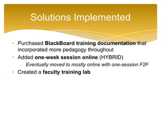 • Purchased BlackBoard training documentation that
incorporated more pedagogy throughout
• Added one-week session online (HYBRID)
o Eventually moved to mostly online with one-session F2F
• Created a faculty training lab
Solutions Implemented
 