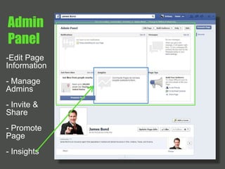Admin 
Panel 
-Edit Page 
Information 
- Manage 
Admins 
- Invite & 
Share 
- Promote 
Page 
- Insights 
 