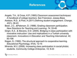 26Page© 2012 University of Phoenix, Inc. | All rights reserved
References
Angelo, T.A., & Cross, K.P. (1993) Classroom assessment techniques:
A handbook of college teachers. San Francisco: Jossey-Bass
Axelson, R.D., & Flick, A (2011) Defining student engagement. Change,
43(1), 38-43
Bean, J.C., &Peterson, D. (1998). Grading classroom participation.
New Directions for Teaching and Learning. 74, 33-40
Girgin, K.Z., & Stevens, D.D. (2005). Bridging in-class participation with
innovative instruction: Use and implications in a Turkish university
classroom. Innovations in Education and Teaching International, 42,
93-106
Kagan, S. (1990). The structural approach to cooperative learning.
Educational Psychology, 47(4), 12-15
Miranda, M.V. (2008). Increasing class participation in social phobic
students. Community College Enterprise, 14, 9-23
 