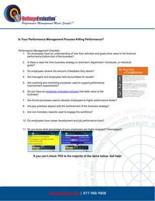  




Is Your Performance Management Process Killing Performance?



Performance Management Checklist:
    1. Do employees have an understanding of how their activities and goals drive value to the financial
       performance bottom-line of the business?

    2. Is there a clear link from business strategy to short-term department / functional, or individual
       goals?

    3. Do employees receive the amount of feedback they desire?

    4. Are managers and employees held accountable for results?

    5. Are coaching and mentoring processes used to support performance
       improvement requirements?

    6. Do you have an employee evaluation process that adds value to the
       business?

    7. Are formal processes used to develop employees to higher performance levels?

    8. Are pay practices aligned with the achievement of the business strategy?

    9. Are non-monetary rewards used to engage the workforce?


    10. Do employees have career development and job performance tools?


    11. Do you know what percentage of your employees are highly engaged? Disengaged?




             If you can’t check YES to the majority of the items below. Get help!




                            www.bepms.com | 877-988-9808
 