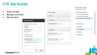 119
CTC Site Builder
 Seed content
 Background tasks
 Site sections
 